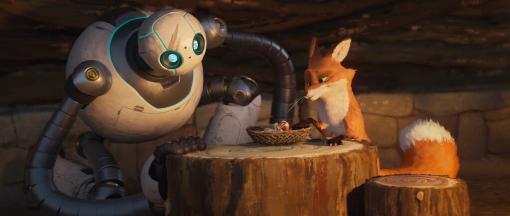 Roz (Esther Elisha nel doppiaggio italiano, Lupita Nyong’o in quello originale), Brightbill (Kit Connor in inglese) and Fink (Alessandro Roja in italiano; Pedro Pascal in originale) in Il robot selvaggio di Chris Sanders. Courtesy of Dreamworks/Universal